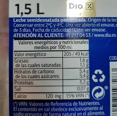 Lista de ingredientes del producto Leche Dia 1,5 L