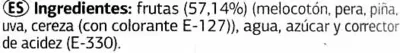 Lista de ingredientes del producto Mezcla de frutas en almíbar Dia 840 g (neto), 480 g (escurrido), 850 ml