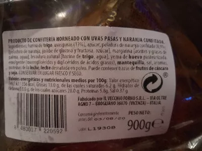 Lista de ingredientes del producto Panetone con pasas Il Vecchio Forno 900 g