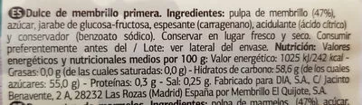 Lista de ingredientes del producto Dulce de membrillo Dia 400 g