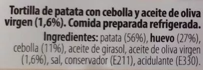 Lista de ingredientes del producto Tortilla con cebolla Dia 600 g