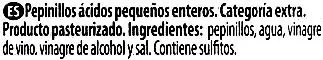 Lista de ingredientes del producto Pepinillos en vinagre Dia 345 g (neto), 180 g (escurrido), 370 ml