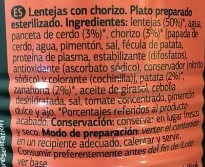 Lista de ingredientes del producto Lentejas con Chorizo Día 