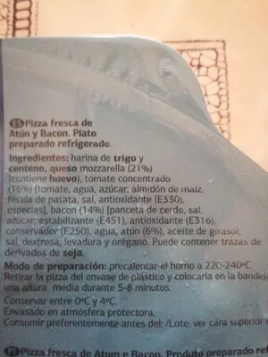 Lista de ingredientes del producto Pizza atún y bacon DiA Dia 400 g