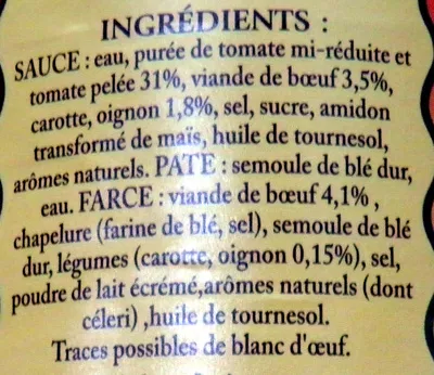 Lista de ingredientes del producto Le Ravioli à l'Italienne (Pur Bœuf) Dia 400 g 