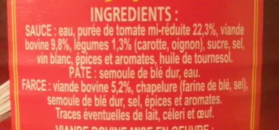 Lista de ingredientes del producto Le Ravioli à la Bolognaise (Riche en bœuf) Dia 800 g