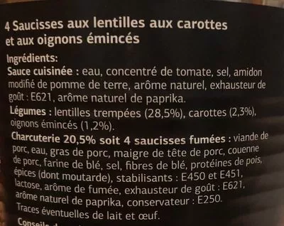 Lista de ingredientes del producto 4 Saucisses Aux Lentilles Dia 