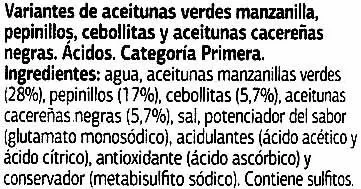 Lista de ingredientes del producto Surtido de encurtidos "Dia" Dia 440 g (neto), 250 g (escurrido), 450 ml