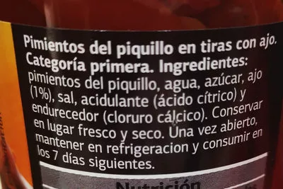 Lista de ingredientes del producto Pimientos del Piquillo en tiras con ajo Dia 290g