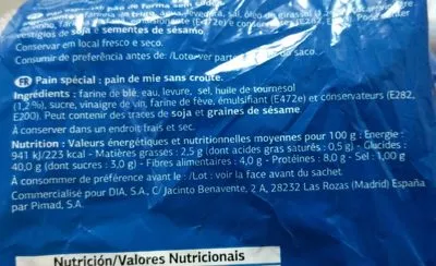 Lista de ingredientes del producto Pan blanco Dia 