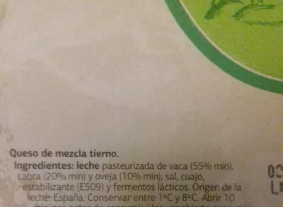 Lista de ingredientes del producto Queso tierno Dia 1 kg