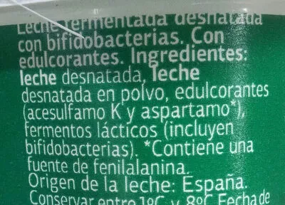 Lista de ingredientes del producto Bifidus edulcorado 0% Dia 500 g (4x125g)