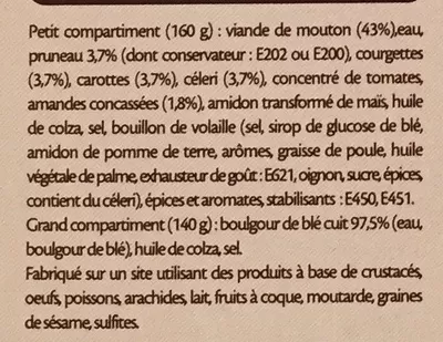 Lista de ingredientes del producto Tajine de mouton et son boulgour Dia 300 g