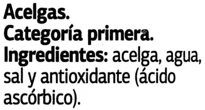 Lista de ingredientes del producto Acelgas categoría extra Dia 660 (neto), 425 (escurrido). 720 ml