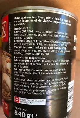 Lista de ingredientes del producto Petit Salé Aux Lentilles Dia 