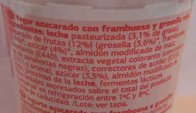 Lista de ingredientes del producto Yogur con Frambuesa y Grosella roja Dia 200 g