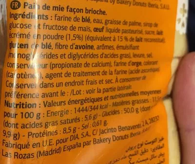 Lista de ingredientes del producto Brioche Dia 