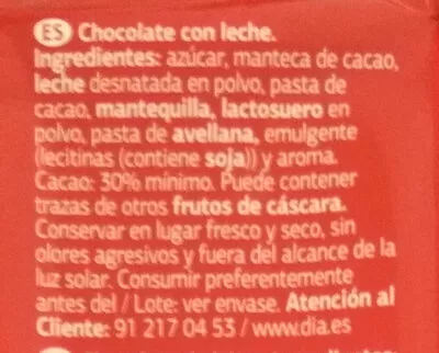 Lista de ingredientes del producto Chocolate con leche Dia 150 g