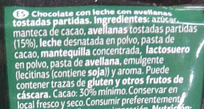 Lista de ingredientes del producto Tableta de chocolate con leche y avellanas Dia 150 g