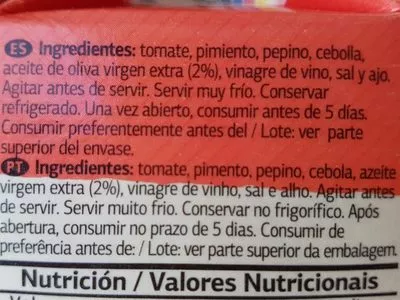 Lista de ingredientes del producto Gazpacho Dia 990 ml (3 x 330 ml)