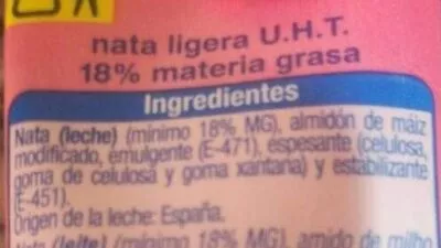 Lista de ingredientes del producto Nata Alteza 