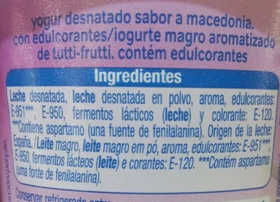 Lista de ingredientes del producto Yogurt sabor macedonia Alteza 500 g (4x125g)