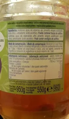 Lista de ingredientes del producto Aceitunas aliñadas partidas Alteza, Euromadi Ibérica S.A. 950 g neto, 550 g escurrido, 960 ml