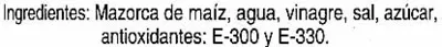 Lista de ingredientes del producto Mazorquitas de maíz encurtidas "Alteza" Alteza 350 g (neto), 190 g (escurrido), 370 ml