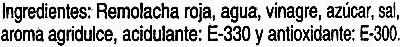 Lista de ingredientes del producto Remolacha roja rallada Alteza 345 g (neto), 180 g (escurrido), 370 ml