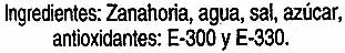 Lista de ingredientes del producto Zanahorias entera agridulce Alteza, Euromadi Ibérica S.A. 345 g (neto), 210 g (escurrido), 370 ml