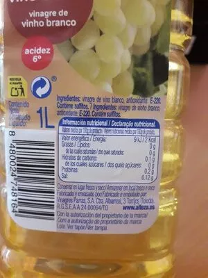 Lista de ingredientes del producto Vinagre de vino blanco Alteza 1 l