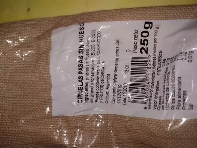 Lista de ingredientes del producto Ciruelas pasas sin hueso Alteza 250 g