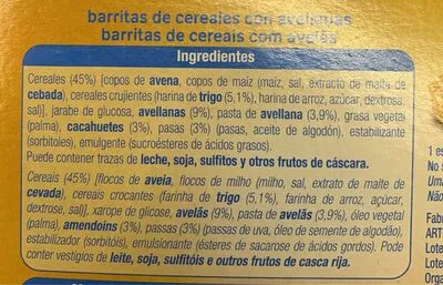 Lista de ingredientes del producto Barritas de cereales avellanas Alteza 