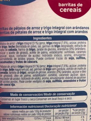 Lista de ingredientes del producto Barritas arándanos Alteza 