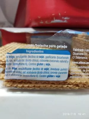 Lista de ingredientes del producto Obleas para helado Alteza 