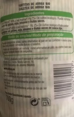 Lista de ingredientes del producto Tortitas de arroz Alteza 100 g