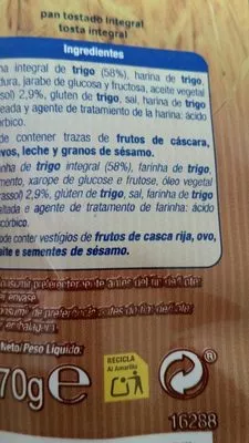 Lista de ingredientes del producto Pan tostado integral Alteza 270 g