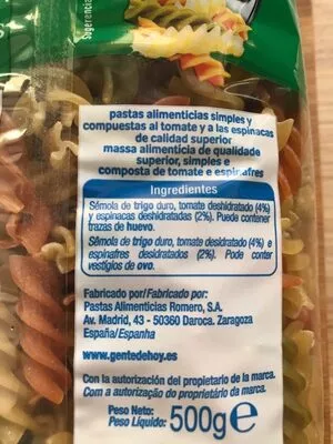 Lista de ingredientes del producto Espirales con vegetales Alteza 500 g