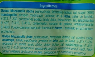 Lista de ingredientes del producto Rallado con mozzarela Alteza 200 g