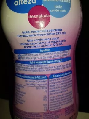 Lista de ingredientes del producto Leche condensada desnatada Alteza 