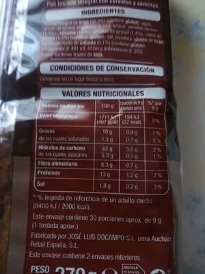 Lista de ingredientes del producto Pan tostado integral multicereales Auchan 