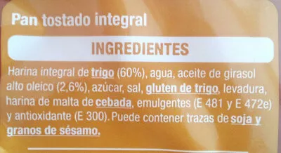 Lista de ingredientes del producto Pan tostado integral Auchan 