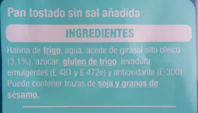 Lista de ingredientes del producto Pan tostado sin sal añadida Auchan 270 g