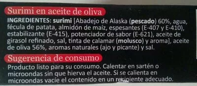 Lista de ingredientes del producto Surimi en aceite de oliva adarve 