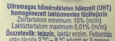 Lista de ingredientes del producto Főzőtejszín Lactose Free Meggle 