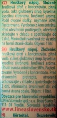 Lista de ingredientes del producto hruška hello, linea nivnice 1 l