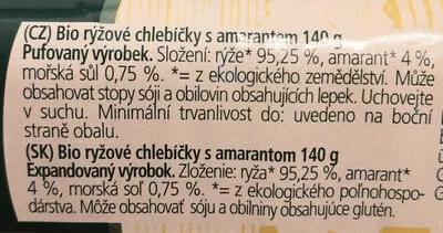 Lista de ingredientes del producto Rýžové chlebíčky s amarantem Racio 140 g