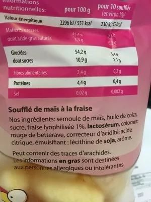 Lista de ingredientes del producto Krupky - Soufflé de maïs fraise Rej 