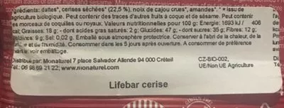 Lista de ingredientes del producto Lifebar Cerises (47 GR) Lifefood 47 g