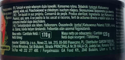 Lista de ingredientes del producto Tuńczyk w sosie własnym duże kawałki Giana 120 g (przed odsączeniem 170 g)